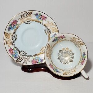 Royal Grafton Teacup and Saucer Blue Pink Purple Flowers